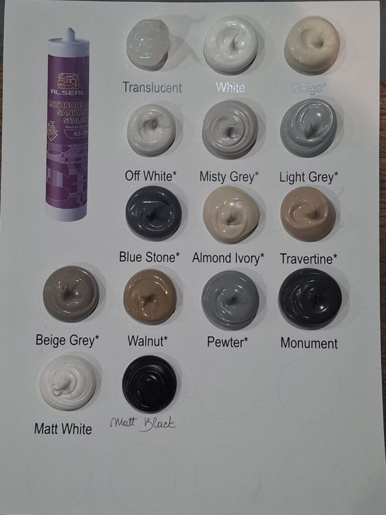 A collection of various silicone sealant colours displayed in circular containers, including shades like translucent, white, off white, misty grey, light grey, blue stone, almond ivory, travertine beige grey, walnut, pewter, monument matt white and matt black.