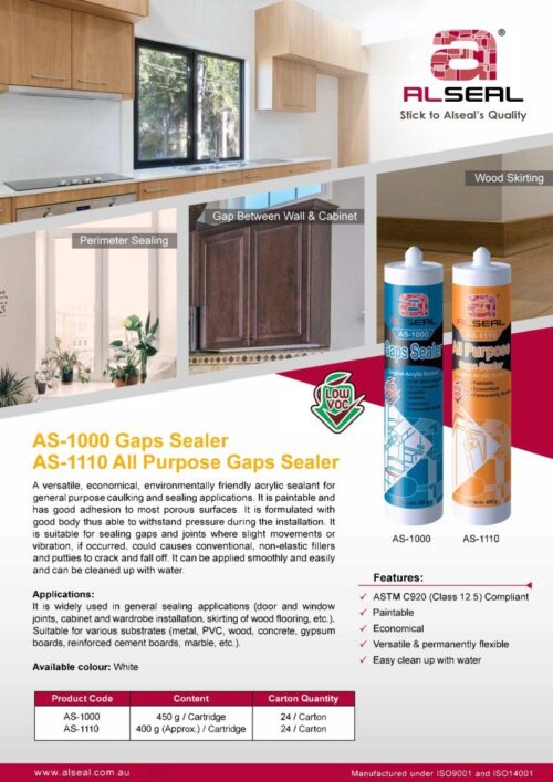 A product poster featuring ALSEAL's various gap sealants, including AS-1000 and AS-1110. The poster displays details about the product's features, applications, and specifications, emphasizing its versatility, paintability, and environmental friendliness. Images of the sealant cartridges and their uses in sealing gaps between walls and cabinets are included. The background is simple to focus on the text and product information provided.