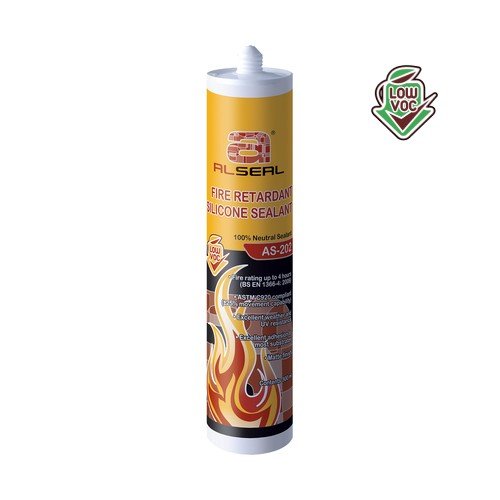 A white cylinder container with a label reading "LOW VOC ALSEAL FIRE RETARDANT SILICONE SEALANT 100% Neutral Cure AS-202". The label contains additional information regarding fire resistance and compliance standards.
