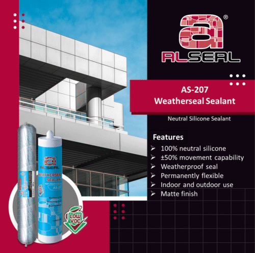 Advertisement for ALSEAL AS-207 Weatherseal Sealant featuring key points about its 100% neutral silicone composition, +50% movement capability, weatherproof seal, and suitability for indoor and outdoor use. The design includes a matte finish and mentions VOC compliance.