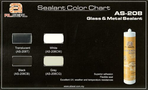 A rectangular black label featuring white text that includes the title "Sealant Color Chart" followed by various product names and descriptions related to sealants, including their colors and features. The bottom of the label displays a website link.