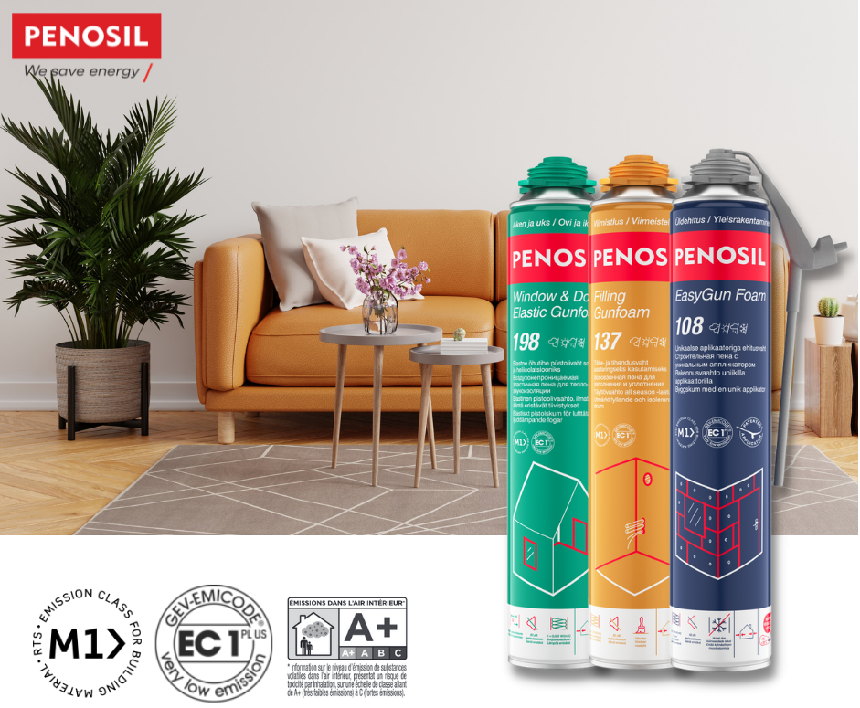 PENOSIL products including Window & Door Sealing Gum, EasyGun Foam, and their labels displayed in a living room setting with a plant and furniture.