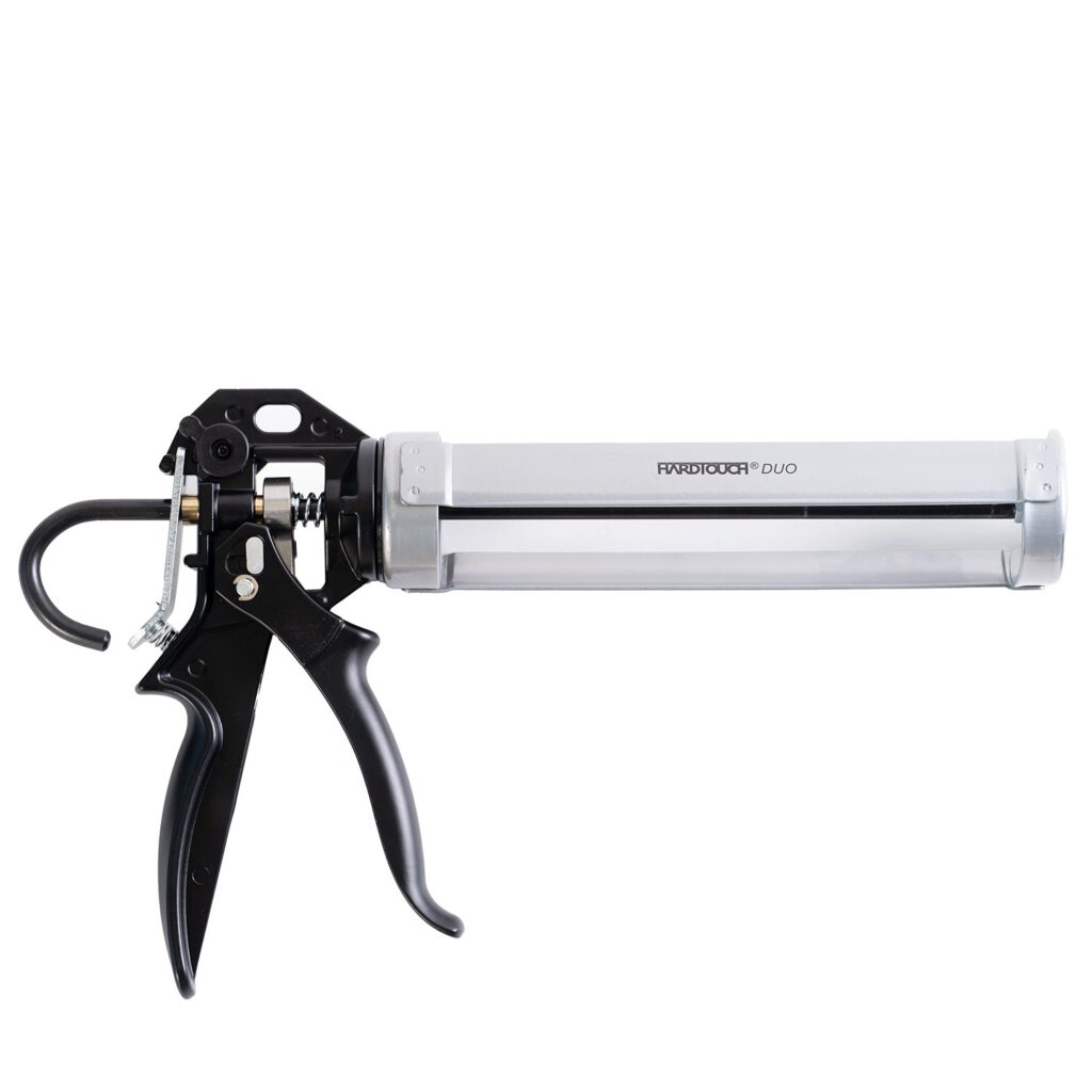 A silver and black caulking gun labelled HARDTOUCH DUO.